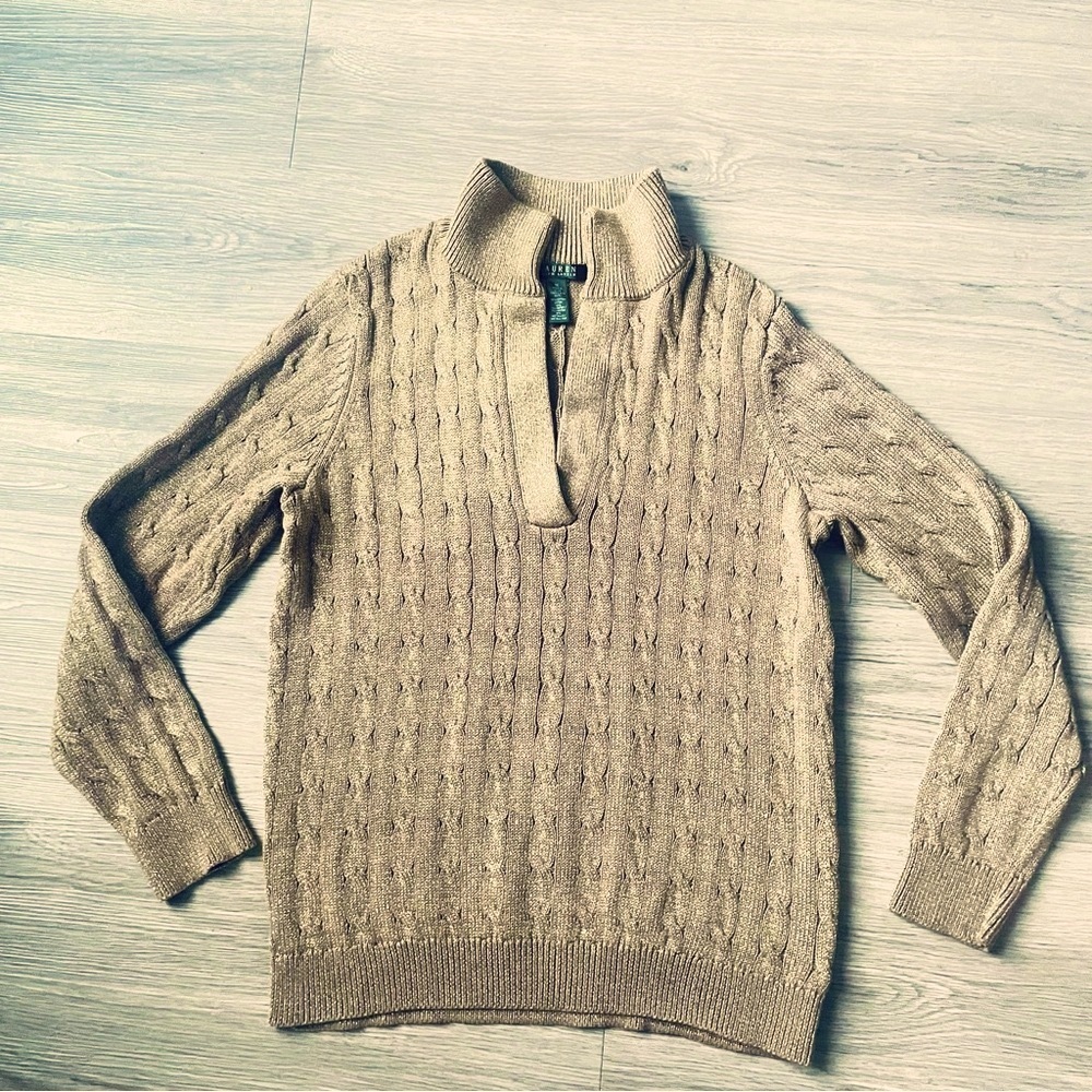 LAUREN RALPH LAUREN GOLD KNITTED POLO COLLAR SWEATER VNECK  SIZE 1X